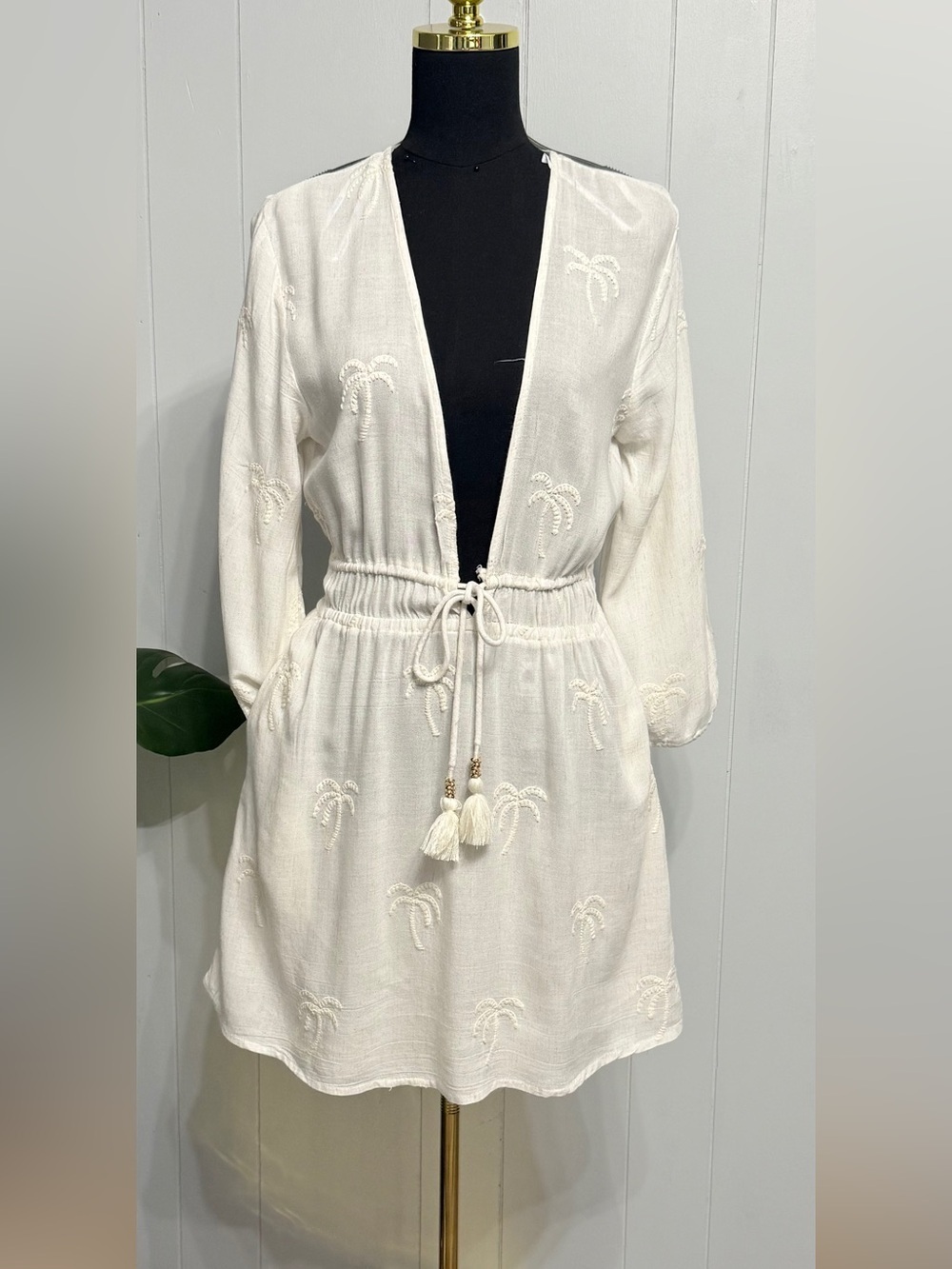 #17)  Blue Island Crea Embroidered Palm-Print Swim Coverup